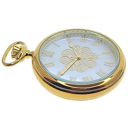 14K Gold Plated Men Big Heavy Brass Pocket Watch White MOP Dial + MOP Stone