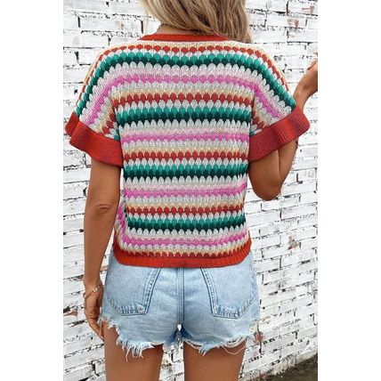 Fiery Red Trimmed Ruffle Sleeve Colorful Textured Sweater