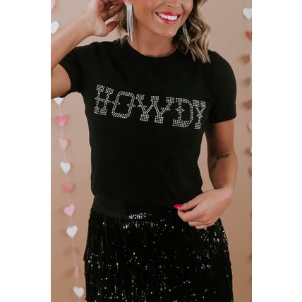 Black HOWDY Rhinestone Slim Fit Crew Neck T Shirt