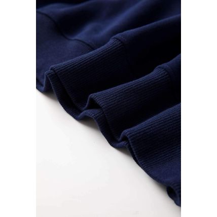 Navy Blue Solid Fleece Lined Drop Shoulder Terry Sweatshirt