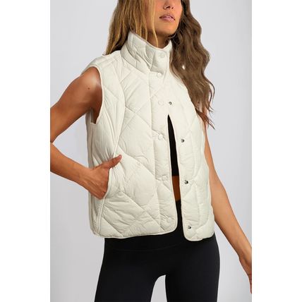 Beige Quilted High Neck Button Up Pocket Vest Coat