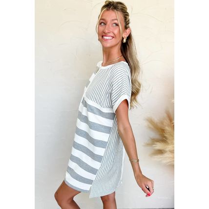 Gray Stripe Mixed Printed Short Sleeve Shift Mini T Shirt Dress