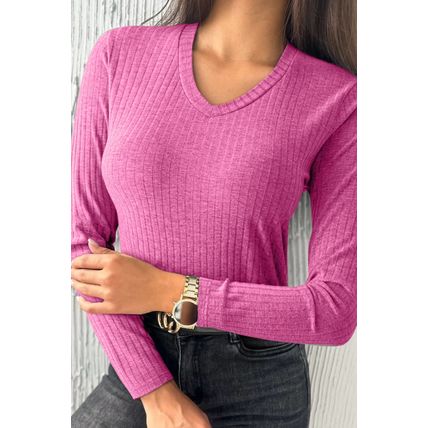 Strawberry Pink Ribbed Knit V Neck Long Sleeve Slim Fit Top