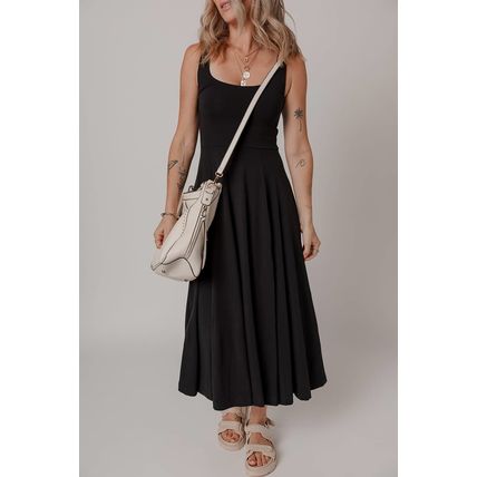 Black Sleeveless Scoop Neck Flared Split Midi Dress