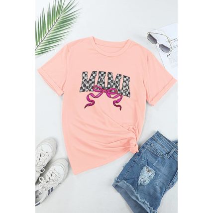 Pink Sequin Checkered MAMA Bow Graphic T Shirt