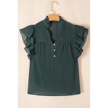 Skobeloff Frilled V Neck Ruffled Cap Sleeve Blouse