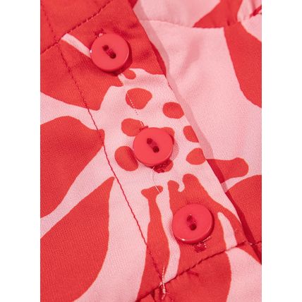 Red Boho Floral Short Sleeve V Neck Buttoned Shirred Waist Long Dress