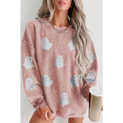 Pink Halloween Ghost Corded Crew Neck Loose Sweatshirt