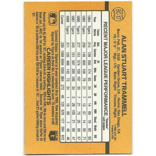 1989 Donruss Bonus MVP's - #BC-17 - Alan Stuart Trammell