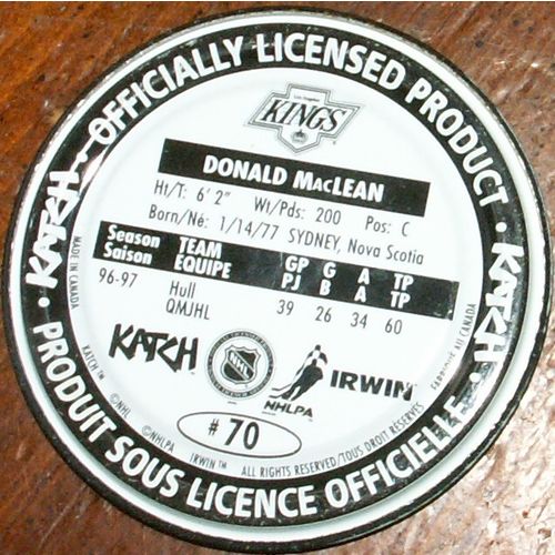 Katch NHL Medallion #70 Donald MacLean #10 Los Angeles Kings 2-3/8 Inch Diameter