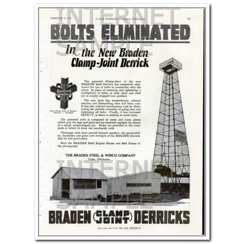 BRADEN STEEL WINCH CO 1927 bolts eliminated clamp derrick vintage ad