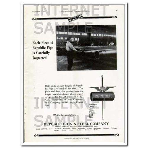 REPUBLIC IRON STEEL COMPANY 1927 Each pipe inspected vintage ad