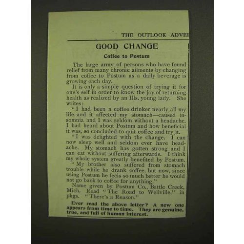 1909 Postum Drink Ad - Good Change Coffee to Postum