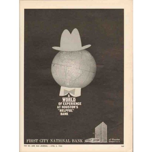 FIRST CITY NATIONAL BANK OF HOUSTON 1962 World Experience vintage ad