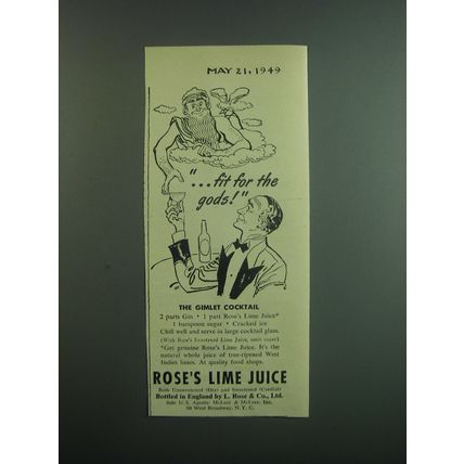 1949 Rose's Lime Juice Ad - Fit for the gods! The Gimlet Cocktail