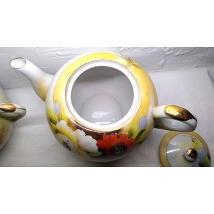 Vintage Teapot & Sugar Bowl w/Lid Poppy Flowers Gold Trim Orange White Japan