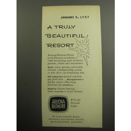 1957 Arizona Biltmore Hotel Ad - A truly beautiful resort
