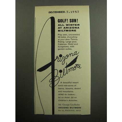 1957 Arizona Biltmore Hotel Ad - Golf! Sun! All winter at Arizona Biltmore