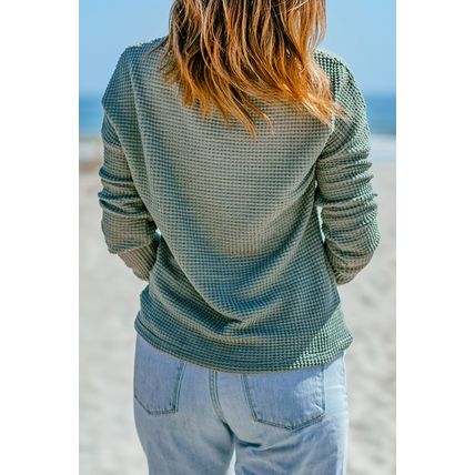 Green Waffle Knit Drop Shoulder Long Sleeve Top