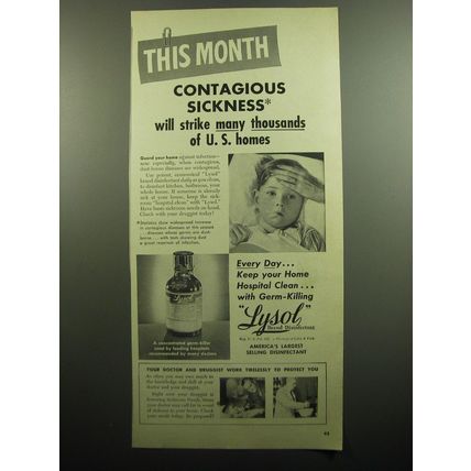 1949 Lysol Disinfectant Ad - This month contagious sickness will strike