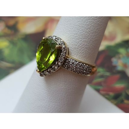 2.5ct Hebei Peridot Zircon Pear Halo Ring Size O 14k Gold Over 925 Solid Silver