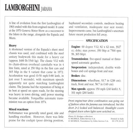Collectors Club card. Classic Cars. Lamborghini Jarama