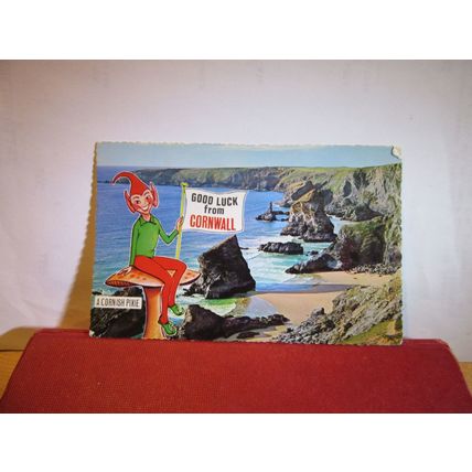 GOOD LUCK FROM CORNWALL, THE CORNISH PIXIE used postcard 1980 pm =