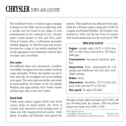 Collectors Club card. Classic Cars. Chrysler Town and Country