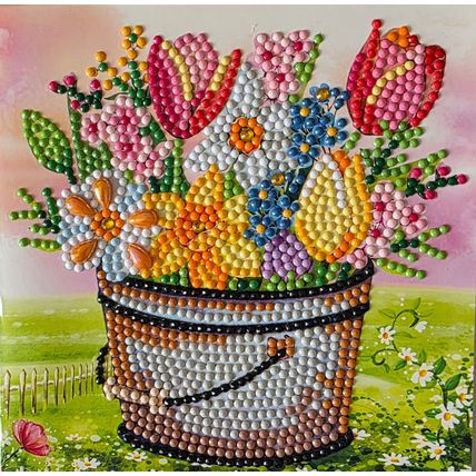Handmade Diamond Art General Greetings Card with Spring Flowers Measures 6" x 6"