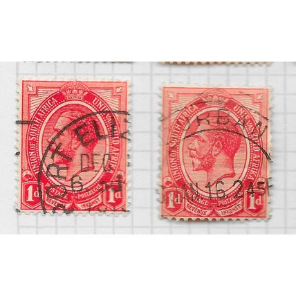 AFRICA SOUTH 1913 ONE PENNY 1d SG4 x2 SHADE LOT USED