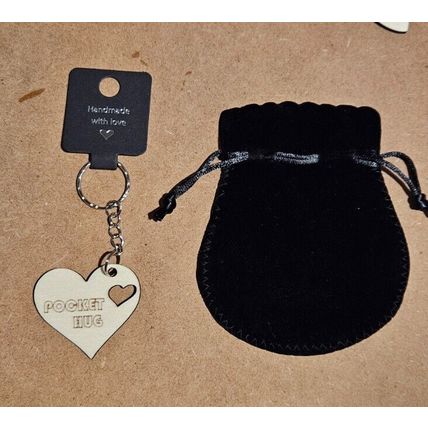Heart shaped pocket Hug Wooden Keyring, Keep Sake, friend + Gift bag