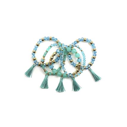 New Crystal Stone Ball Bead Tassel Stretch Bracelet Set