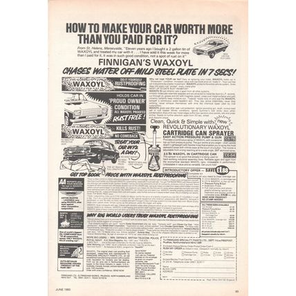 FINNIGANS WAXOYL CAR RUSTPROOFING :- Original Vintage 1983 Magazine Advert