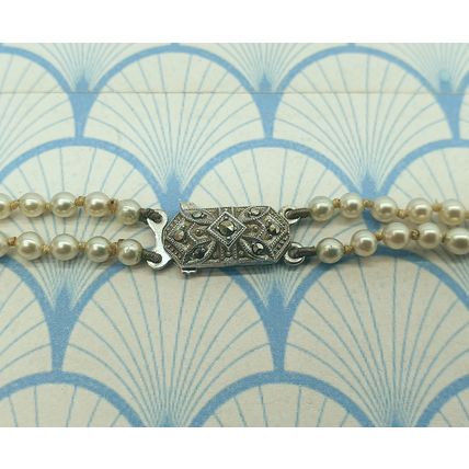 Vintage 1950s Double Strand Glass Pearl Bead Necklace with Sterling Silver Clasp