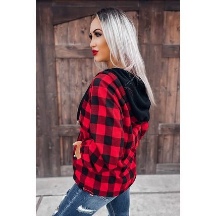 Red Buffalo Plaid Zipped Front Pocketed Hoodie