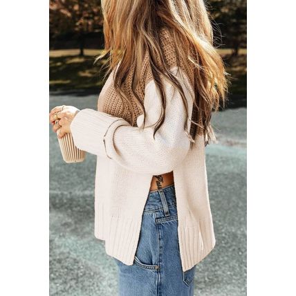 Parchment Cable Knit Color Block Side Splits High Neck Sweater