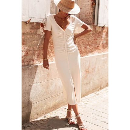 Beige V Neck Ruched Button Front French T-shirt Dress