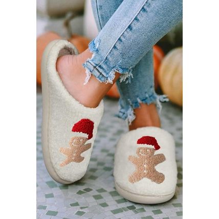 White Christmas Gingerbread Man Plush Home Slippers