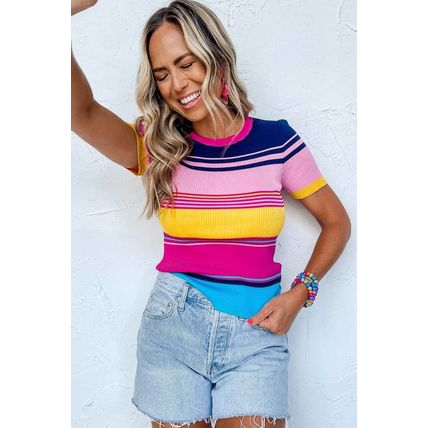 Pink Mixed Stripes Ribbed Knit Top