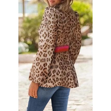 Khaki Cheetah Color Block V Neck Balloon Sleeve Babydoll Blouse