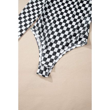 Black Checkered Printed Long Sleeve High Neck Bodysuit