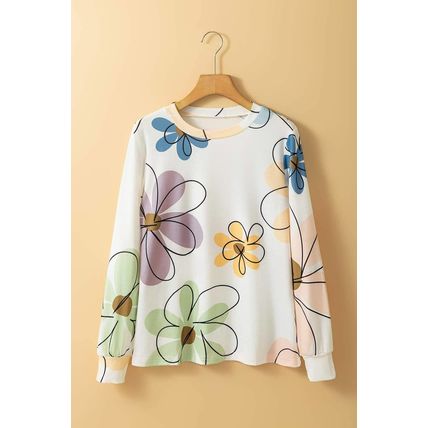 Beige Flower Print Crew Neck Long Sleeve T Shirt