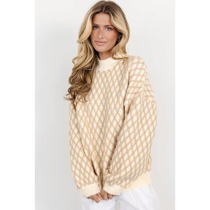 Oatmeal Diamond Knit Drop Shoulder Loose Sweater