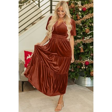 Chestnut Velvet Short Sleeve Shirred Waist Tiered Maxi Dress