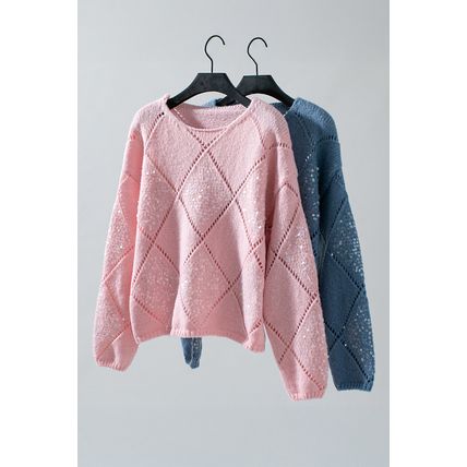 Light Pink Hollowed Rhombus Pattern Sequin Detail Round Neck Sweater