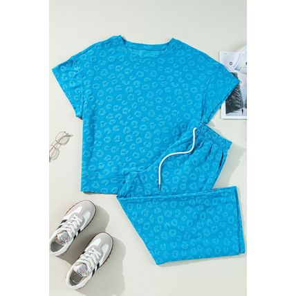 Blue Leopard Jacquard Short Sleeve Top and Wide Leg Pants Set
