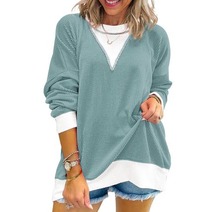 Light Blue Corded Colorblock Drop Shoulder Loose Top