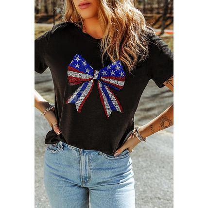 Black Rhinestone Stars and Stripes Bow Graphic Independence Day T Shirt