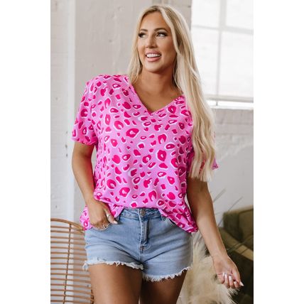 Pink Leopard V Neck Loose Short Sleeve Top