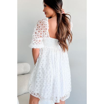White Floral Lace Puff Sleeve Empire Waist Mini Dress